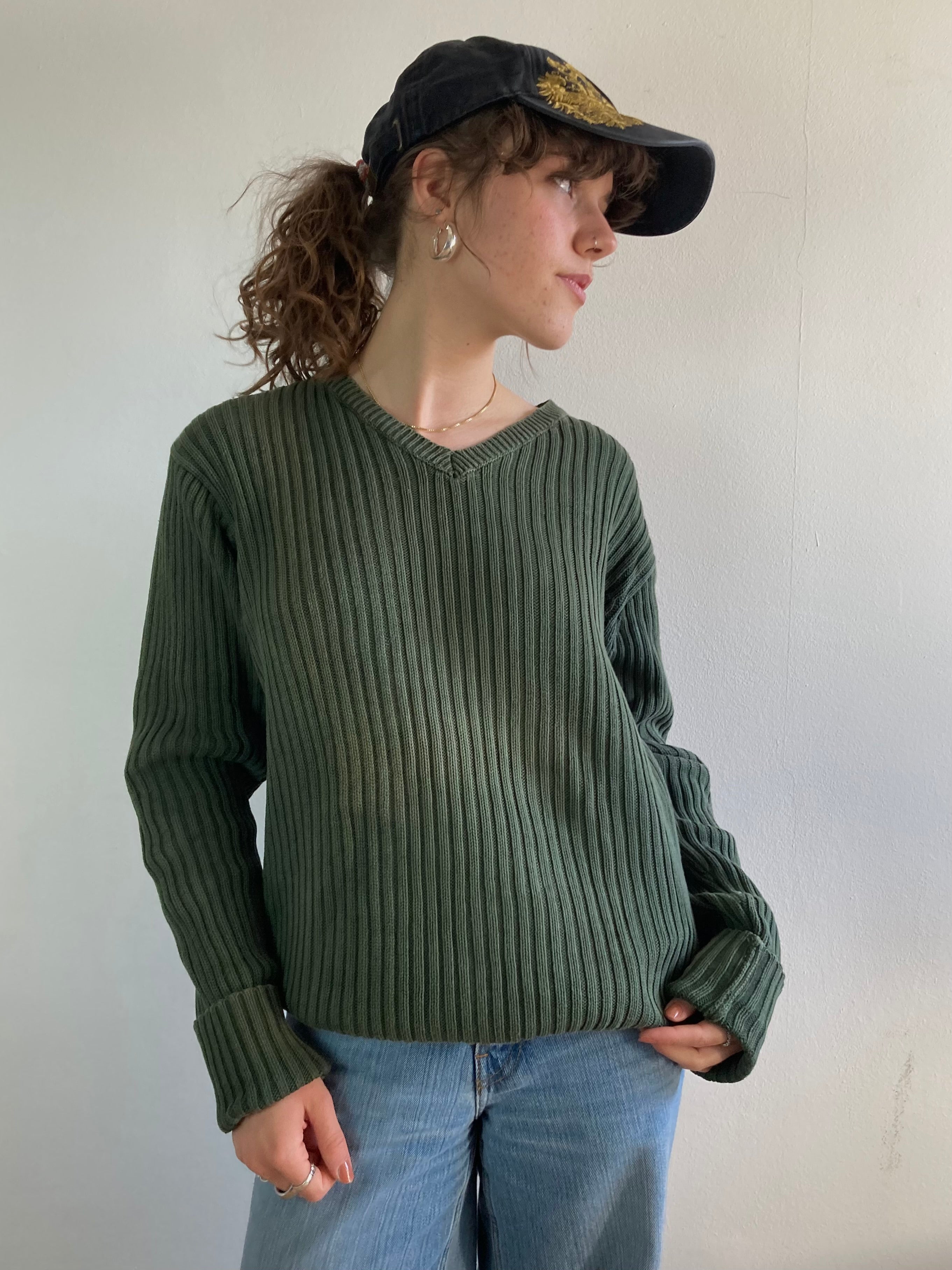 Sweater Oversized Vintage Green Washed Denim Longsleeve Unisex – L