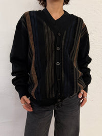 Vintage Wool Cardigan Brown Stripe Details Unisex – L