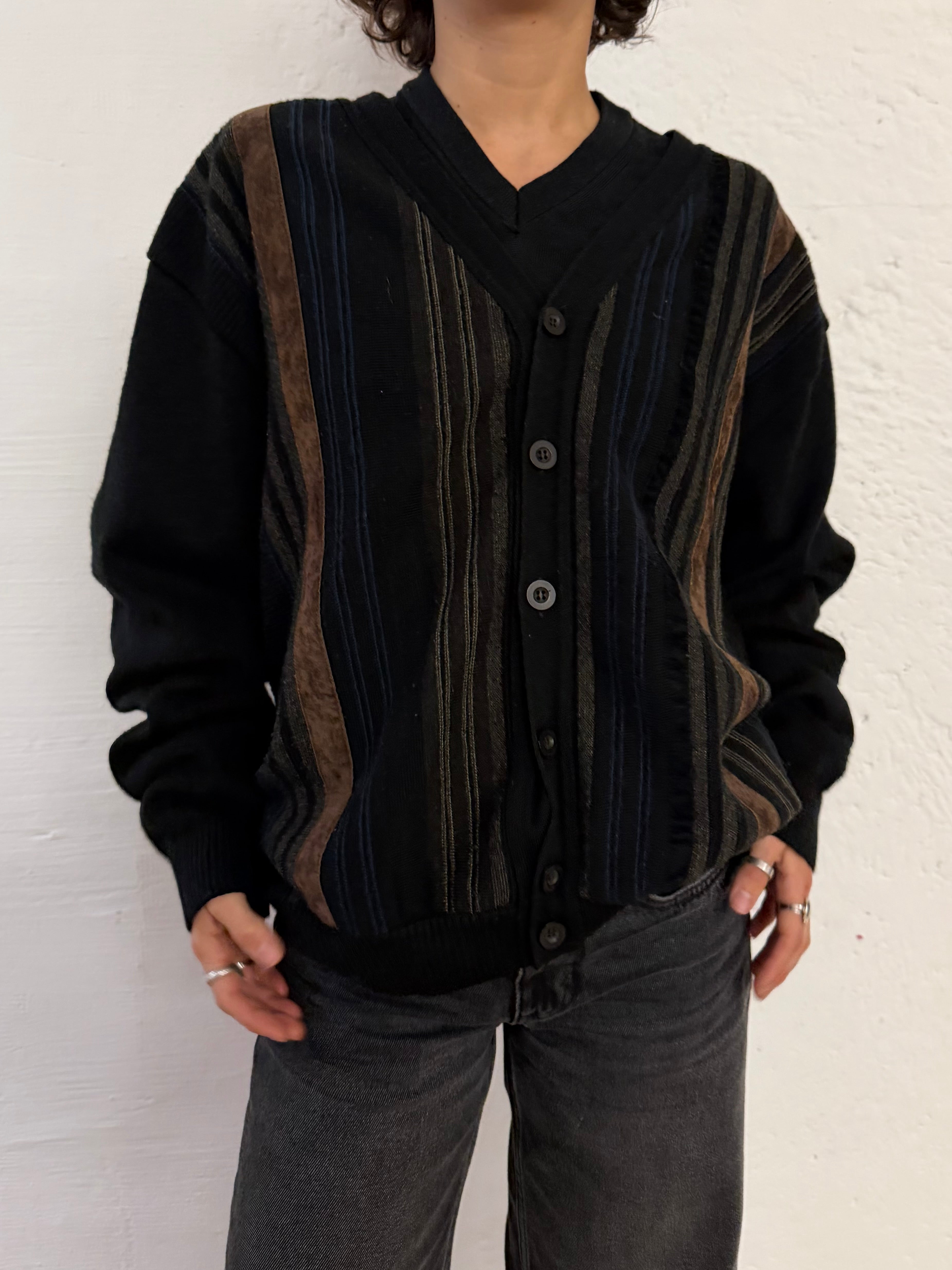 Vintage Wool Cardigan Brown Stripe Details Unisex – L