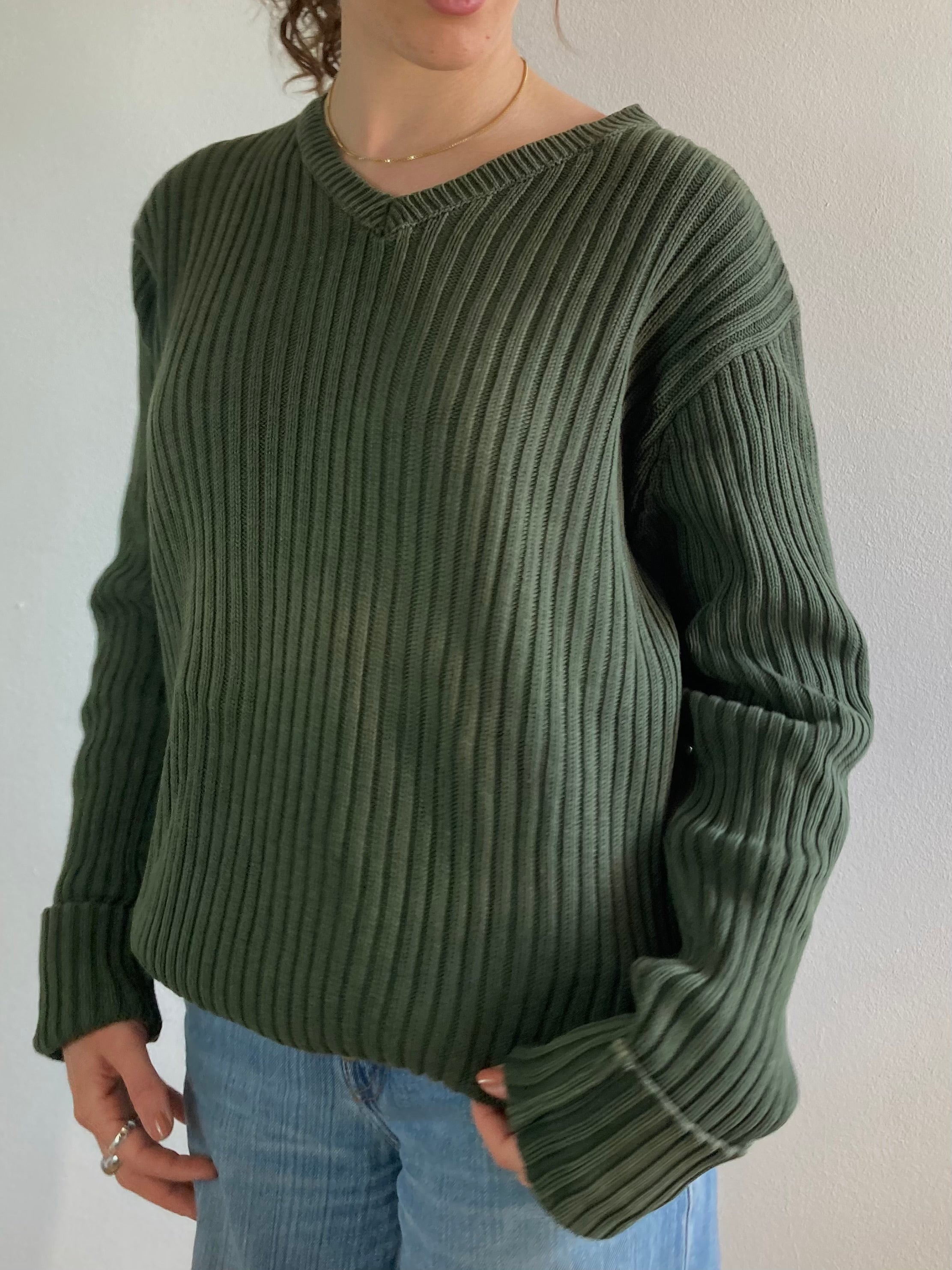 Sweater Oversized Vintage Green Washed Denim Longsleeve Unisex – L