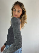 Vintage Glitter Bodysuit Silver Backless Long Sleeve Polyester – S