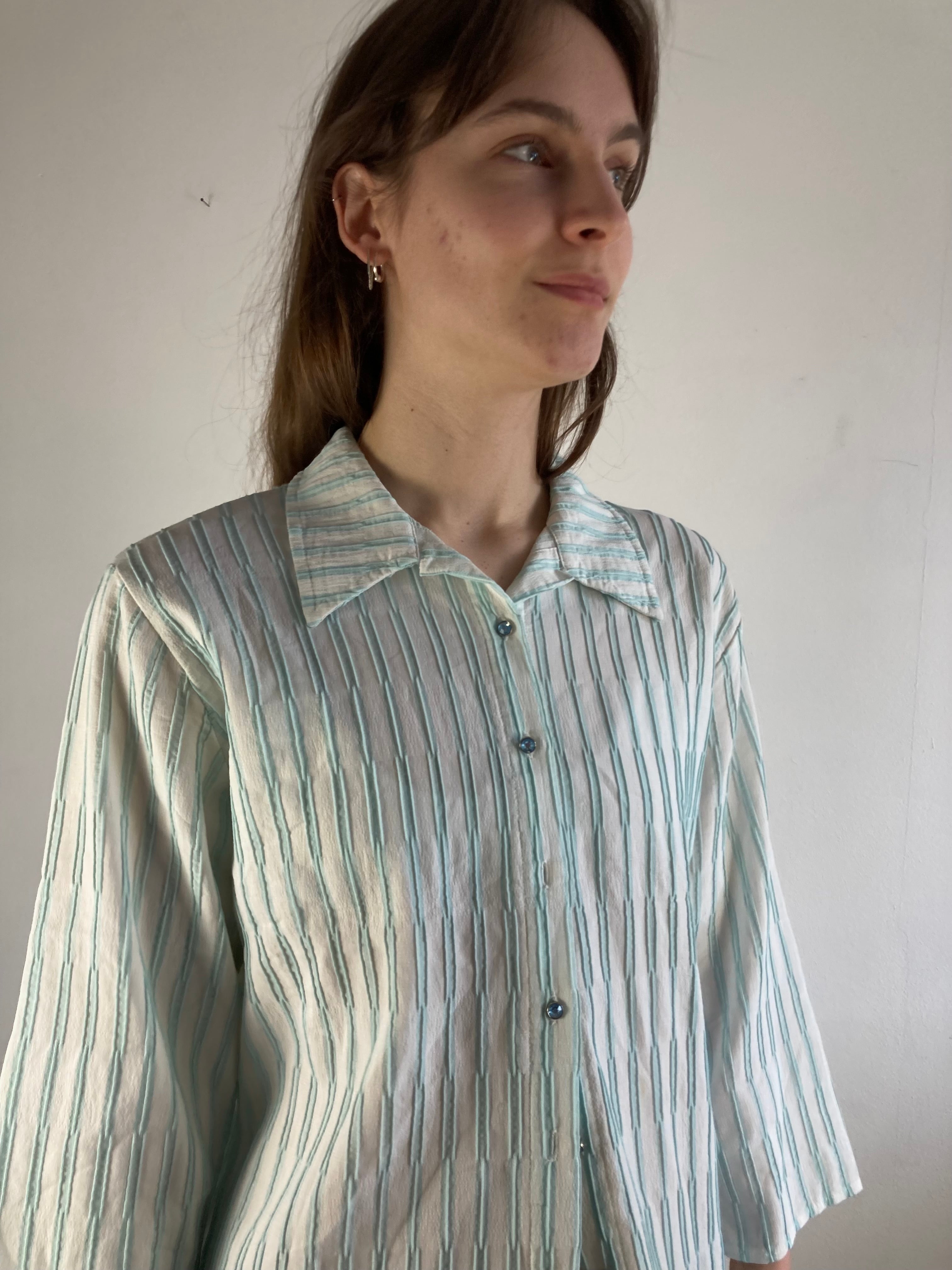 Blouse Vintage Georgina B Striped Blue White Longsleeve Y2K Layering – M