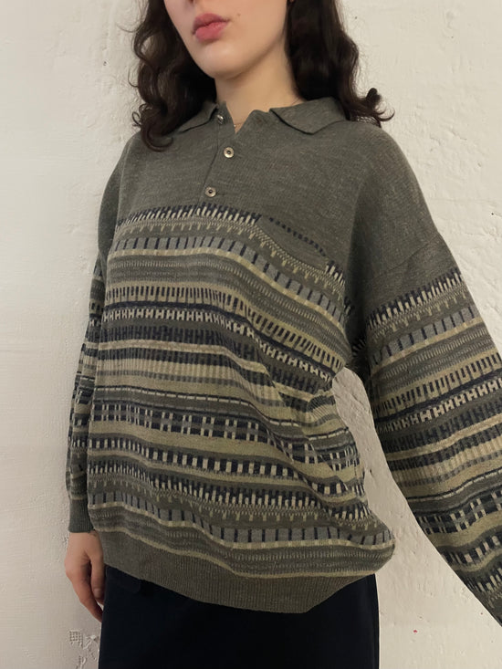 Vintage Rodes Wool Sweater Polo Long Sleeve Grey – M