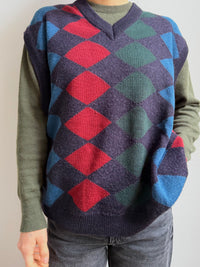 Vintage Uockey Wool Pullunder Red Green and Blue Unisex - XXL