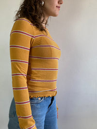 Shirt Vintage Yellow Ochre Striped Longsleeve Slim Fit Women – S
