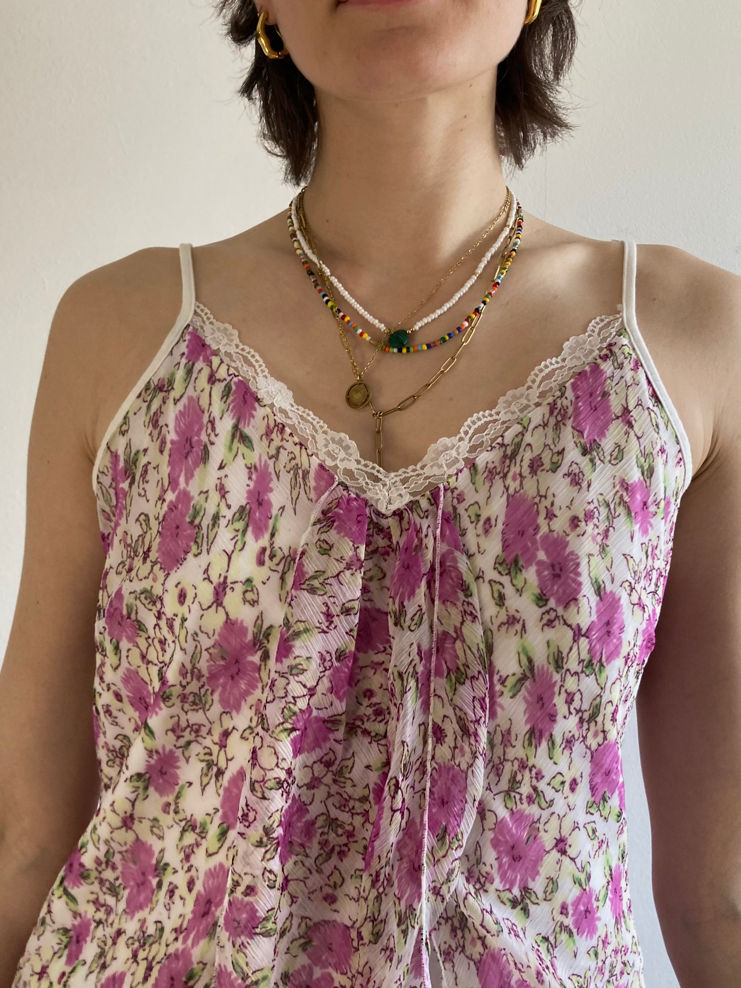 Top Y2K Long Lace Floral Pink White Shirt Women – M