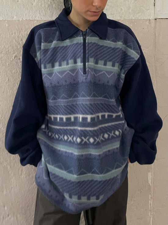 Vintage Unisex Oversized Fleece Sweater Polo Blue – XL