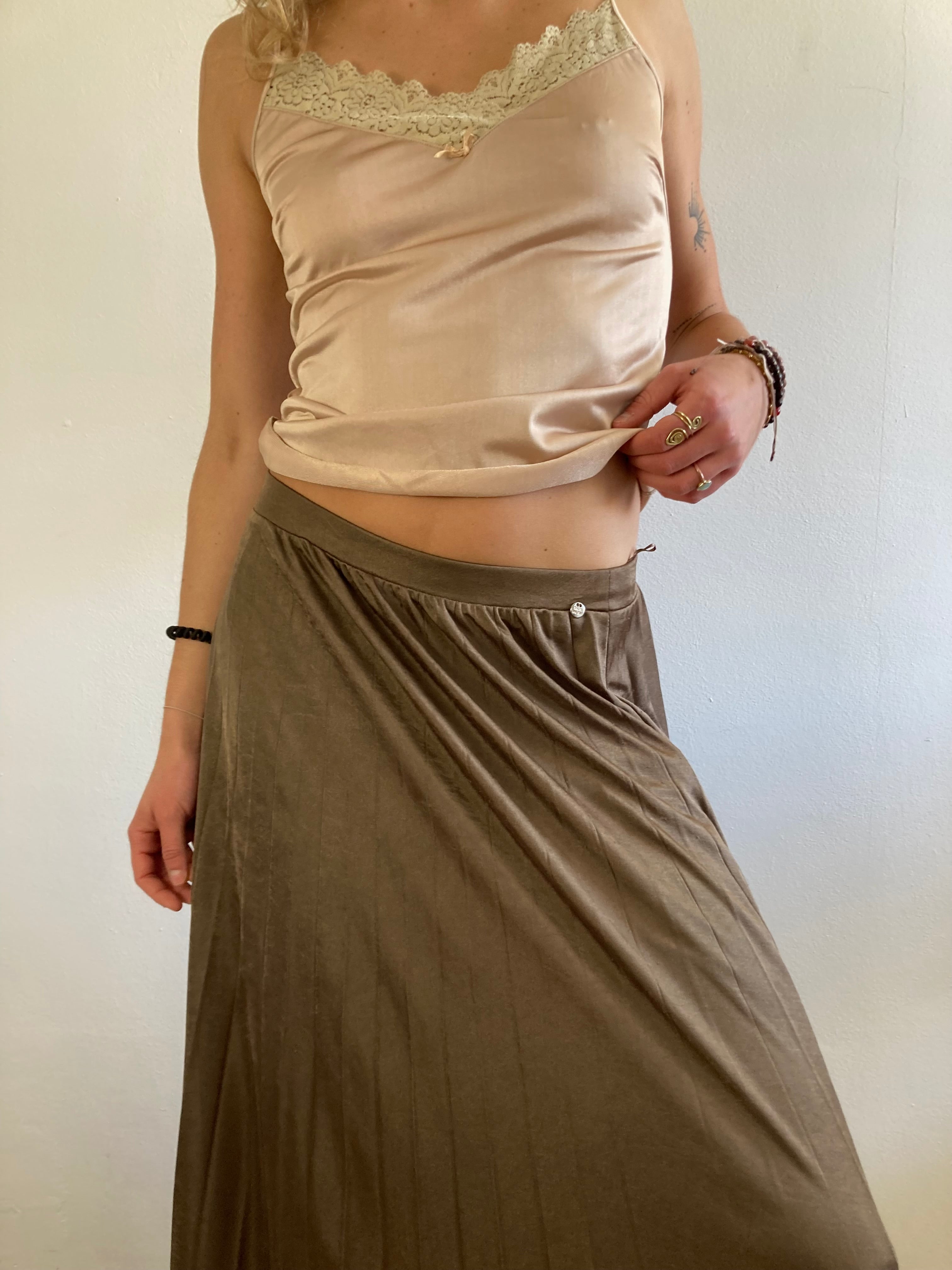 Skirt Vintage Long Layering Elastic Waist Silver Brown Ochre Mos Mosh Women – M