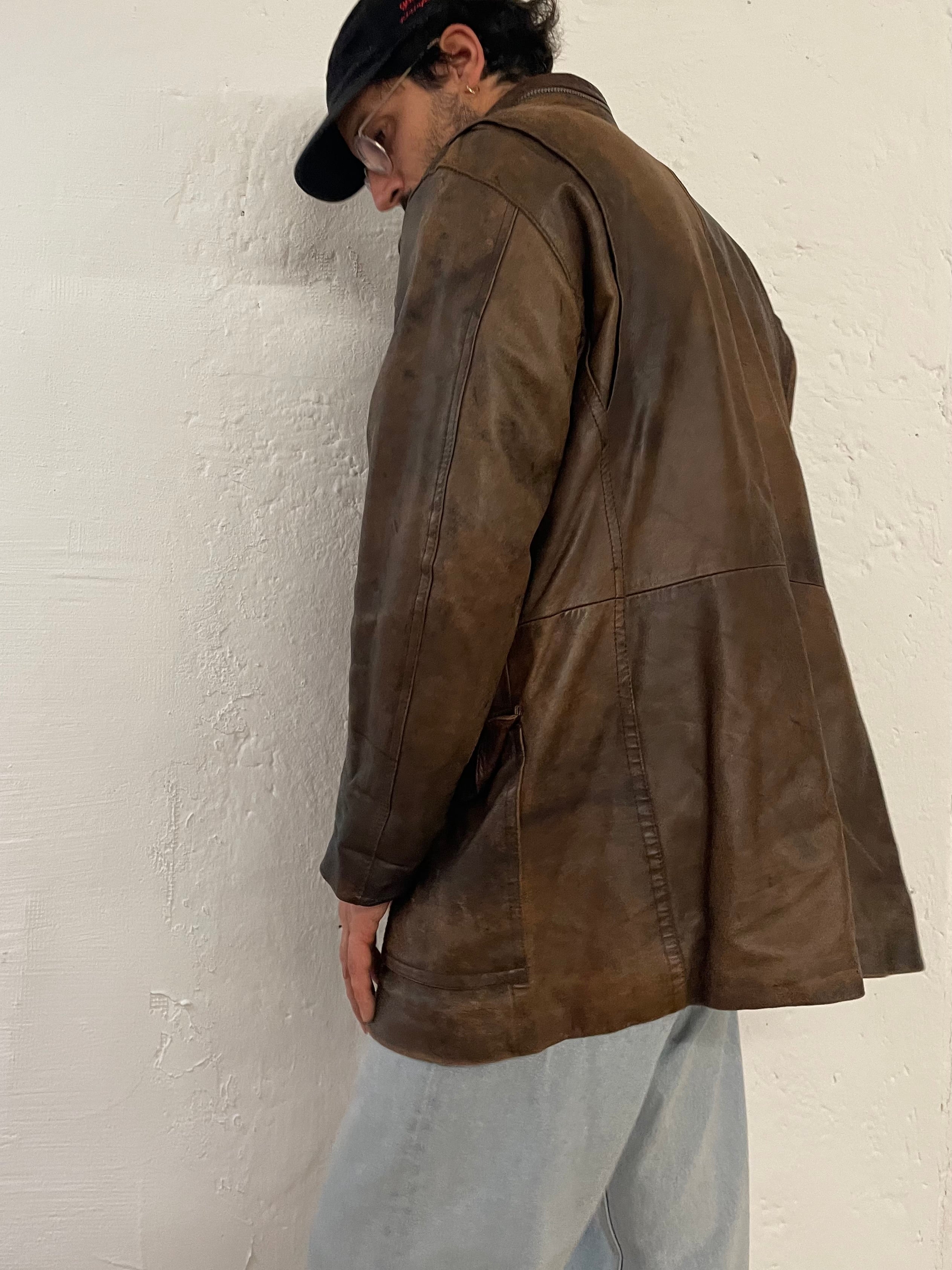 Vintage Long Leather Coat Brown Front Pockets – L/XL