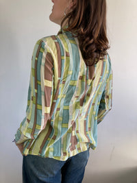 Blouse Vintage Y2K Green Brown Plaid Button Detail Longsleeve Slim Fit Women – M