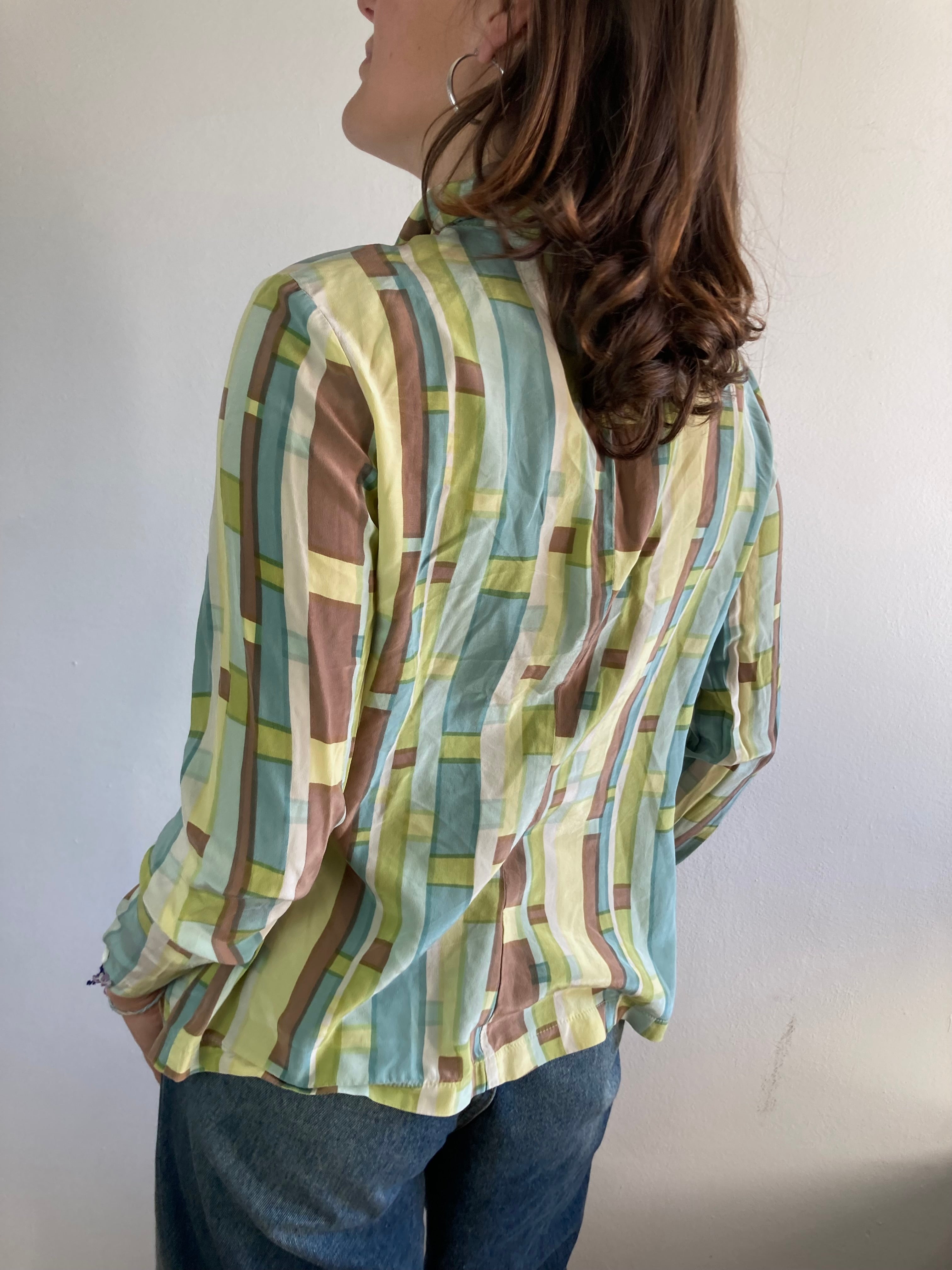 Blouse Vintage Y2K Green Brown Plaid Button Detail Longsleeve Slim Fit Women – M