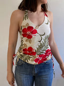 Top Vintage Y2K Floral Glitter Cream Side Lace Adjustable Strings Women – M