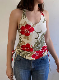 Top Vintage Y2K Floral Glitter Cream Side Lace Adjustable Strings Women – M