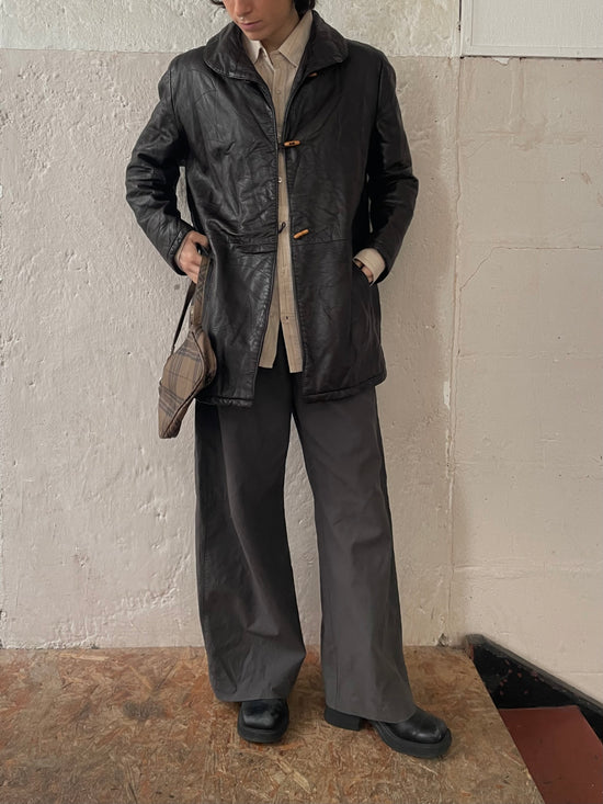 Vintage Leather Coat Women Brown Black – M