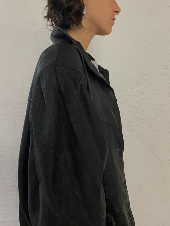 Vintage Leather Jacket Puff Sleeves Oversized Black – L