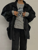 Vintage Leather Jacket Puff Sleeves Oversized Black – L