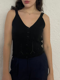 Spaghetti Top Knitwear Black Front Buttons – M