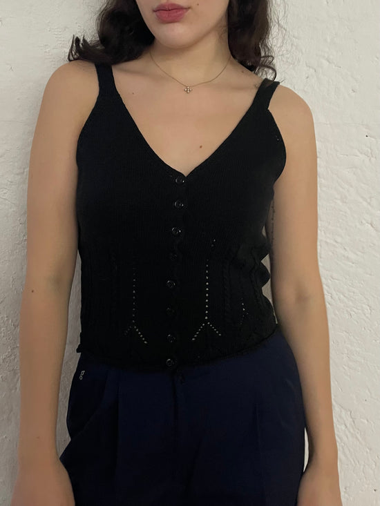 Spaghetti Top Knitwear Black Front Buttons – M