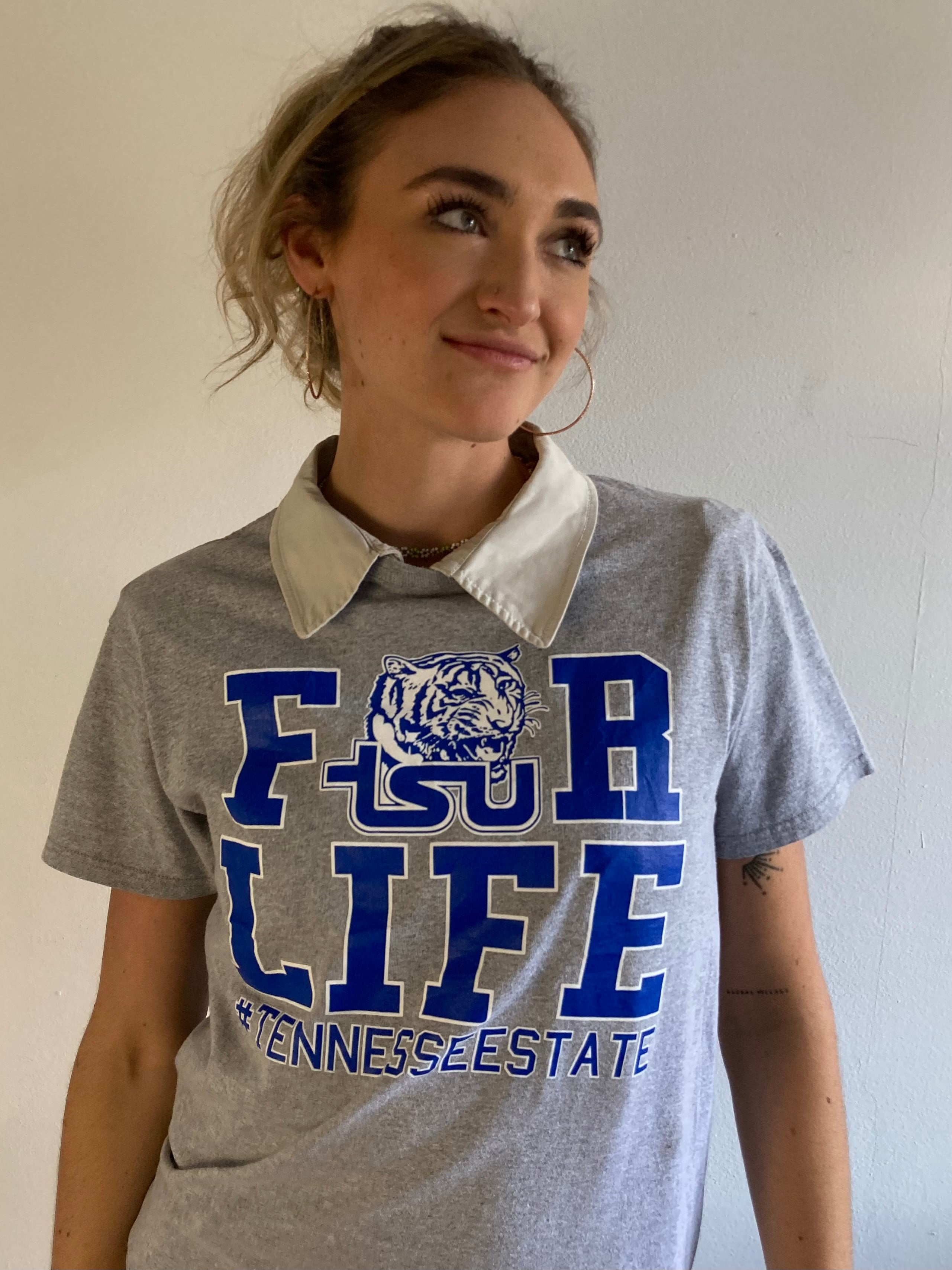 T-Shirt Vintage University Logo Front Print Grey Blue – M
