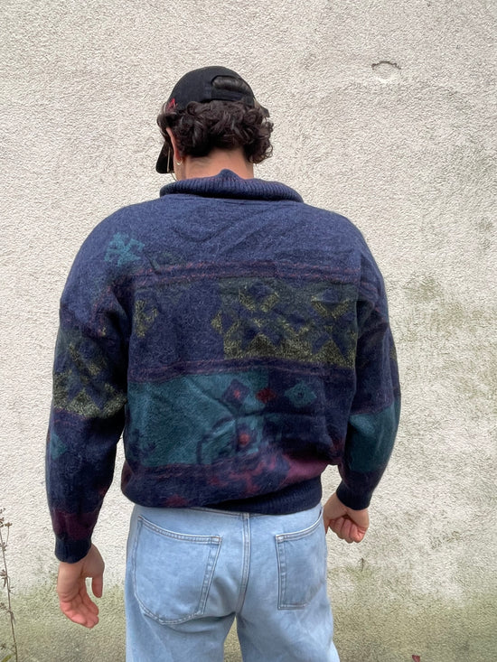 Vintage Polo Collar Sweater Blue Unisex – L