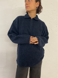Vintage Dark Blue Wool Sweater Zip Collar High Neck – M