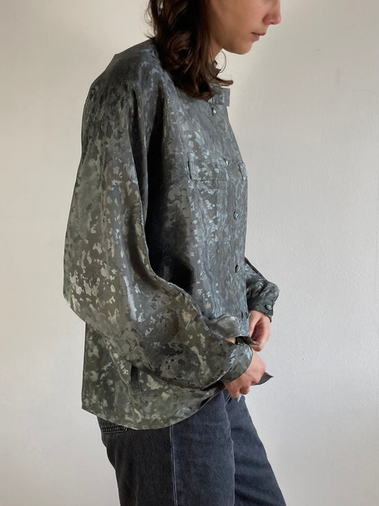 Blouse Vintage Oversized Floral Grey Unisex Button-Up Layering – M/L