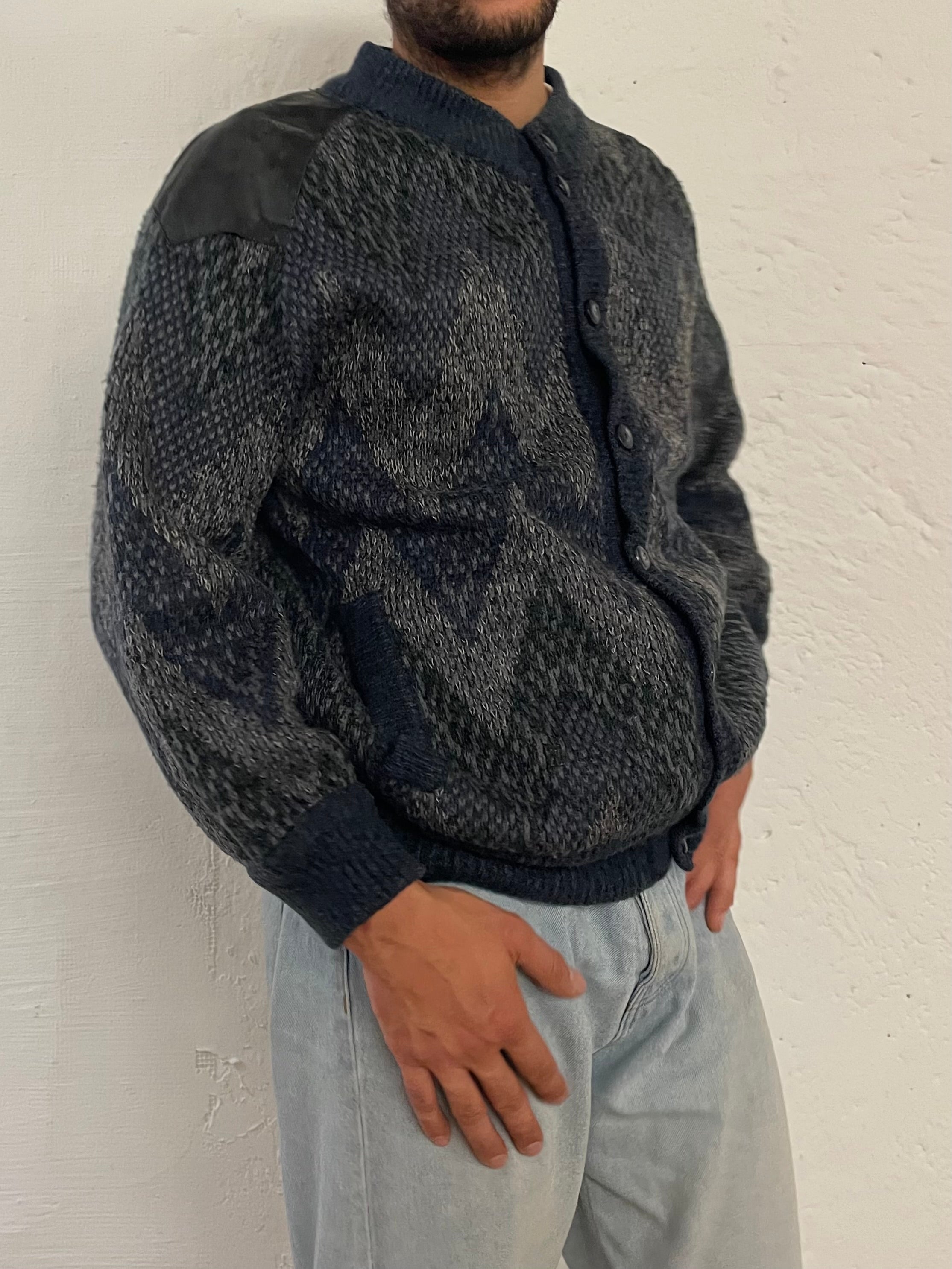 Vintage Virgin Wool Winter Oversized Cardigan Blue/Grey – L