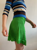Vintage Skirt Grunge Green Patterned Elastic Waist Flared Hem – M