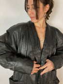 Leather Jacket Vintage Plush Sleeve Black Genuine Leather Oversized Unisex – L