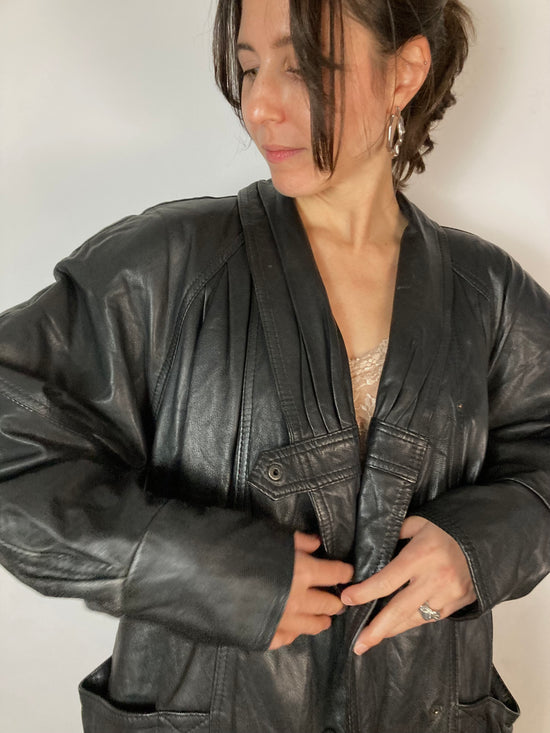 Leather Jacket Vintage Plush Sleeve Black Genuine Leather Oversized Unisex – L