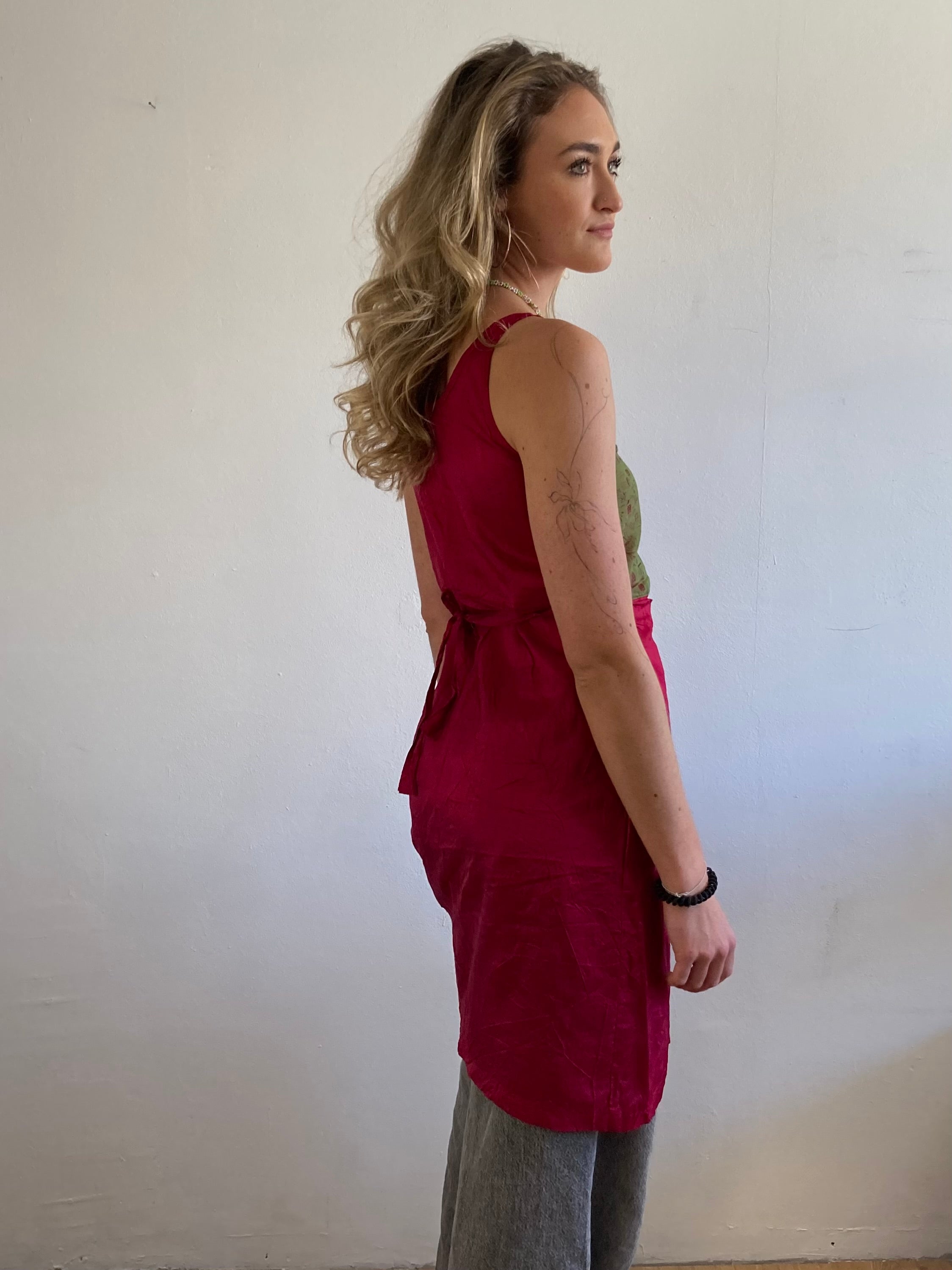 Dress Vintage Silk Lightweight Layering Handmade India Red Cream – M