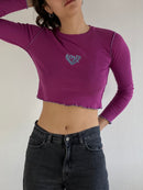 Longsleeve Love Front Print Purple Cropped Slim Fit Layering Women – S/M