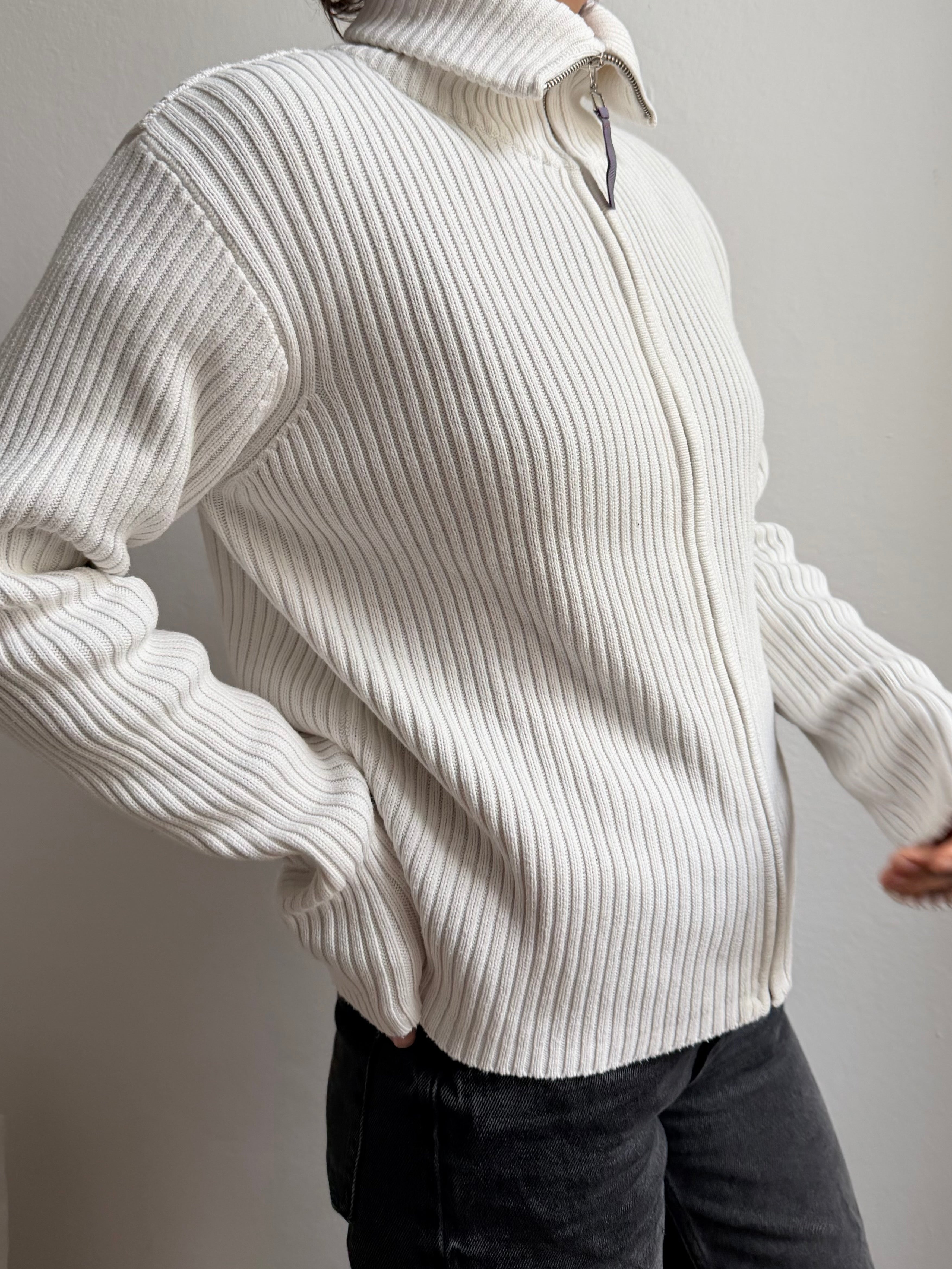 Cardigan Cream White Unisex Turtle Neck - M