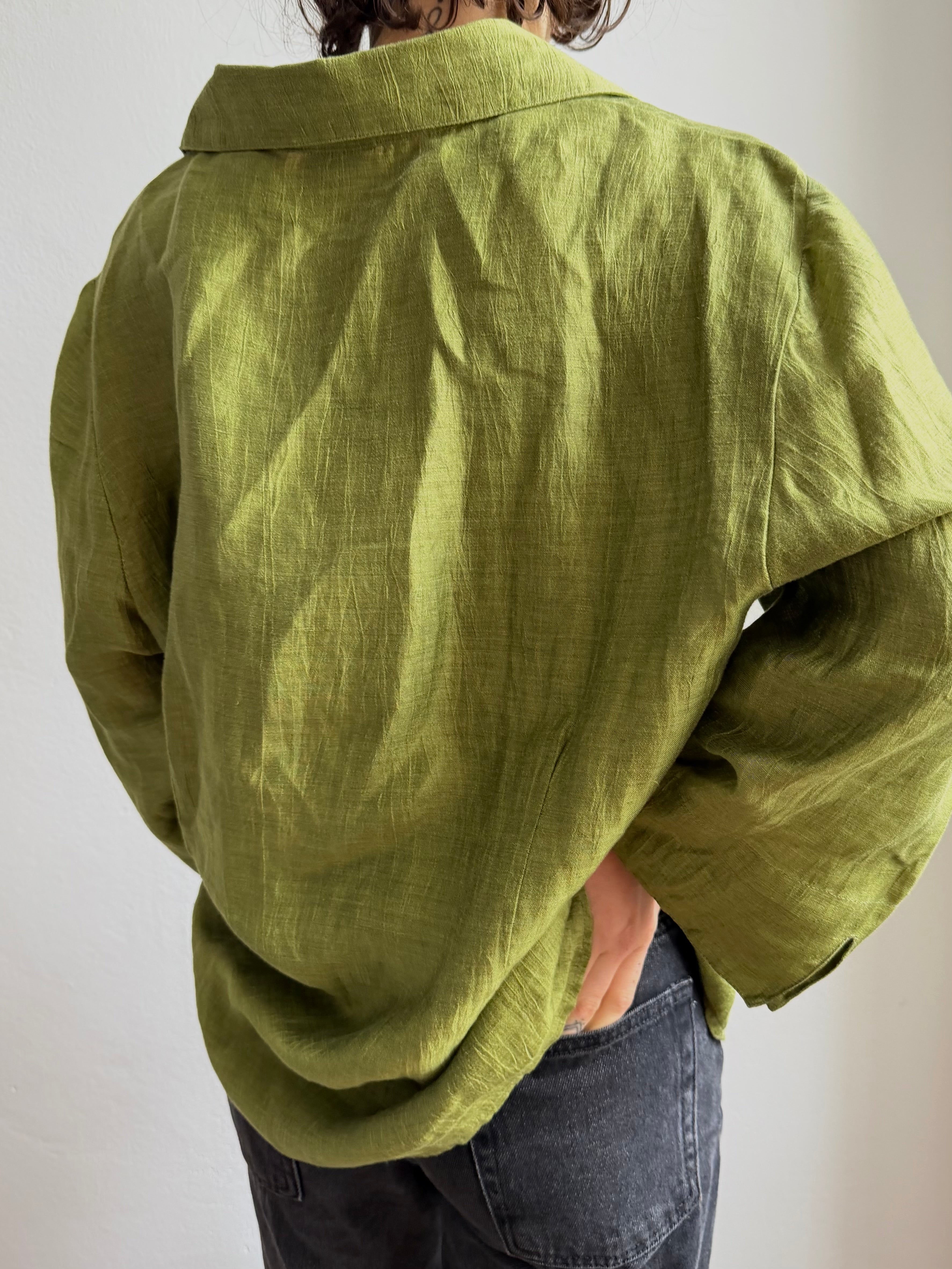Vintage Nicole Blouse 85% Linen Green Unisex - L