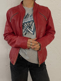 Vintage Arma Leather Biker Jacket Fitted Red Beautiful Patterns – S