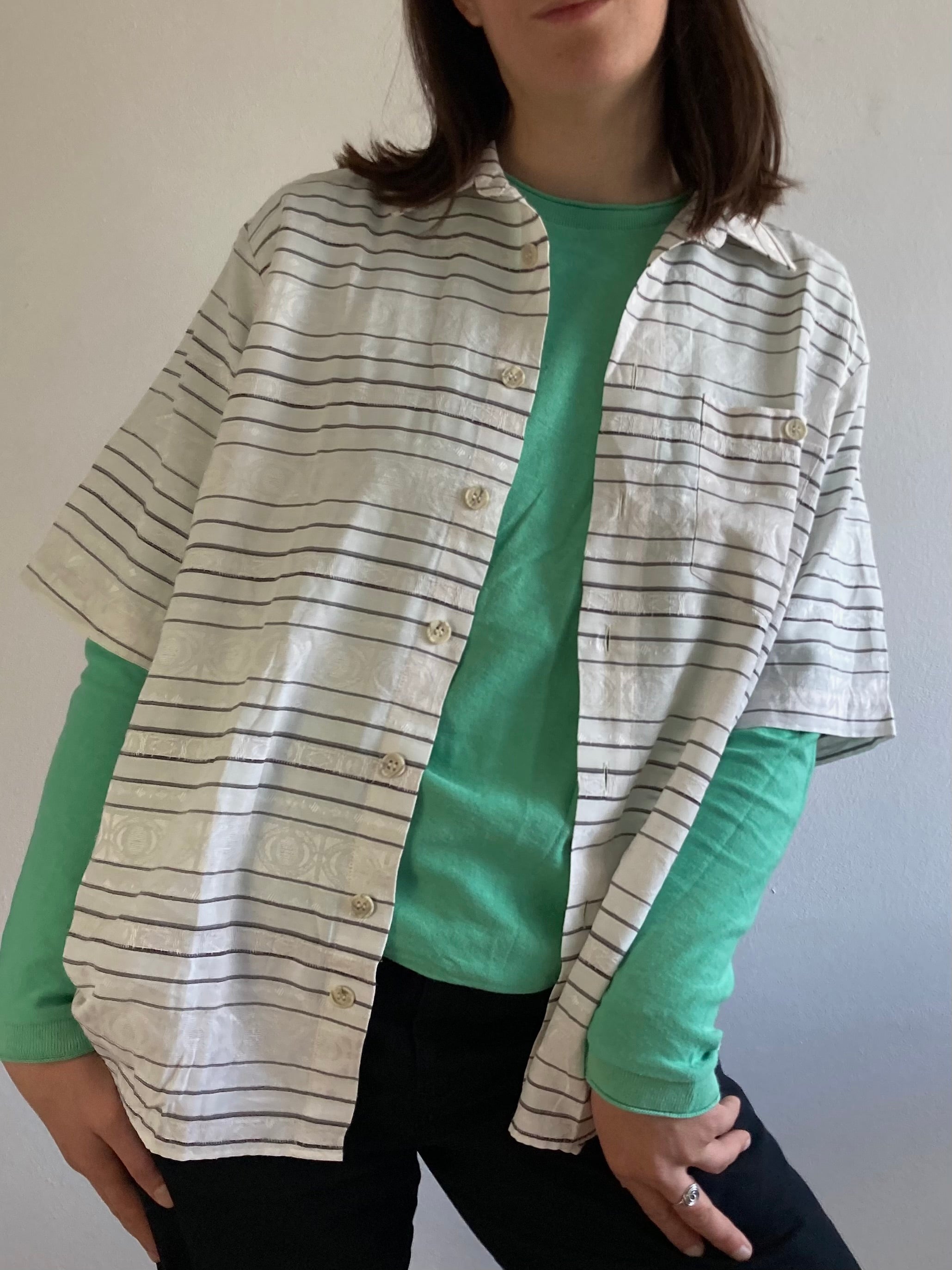Shirt Vintage Luko Short Sleeve Striped Spring Unisex White Cream – L