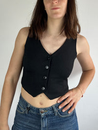 Tank Top Vintage Striped Button Detail Black White – M