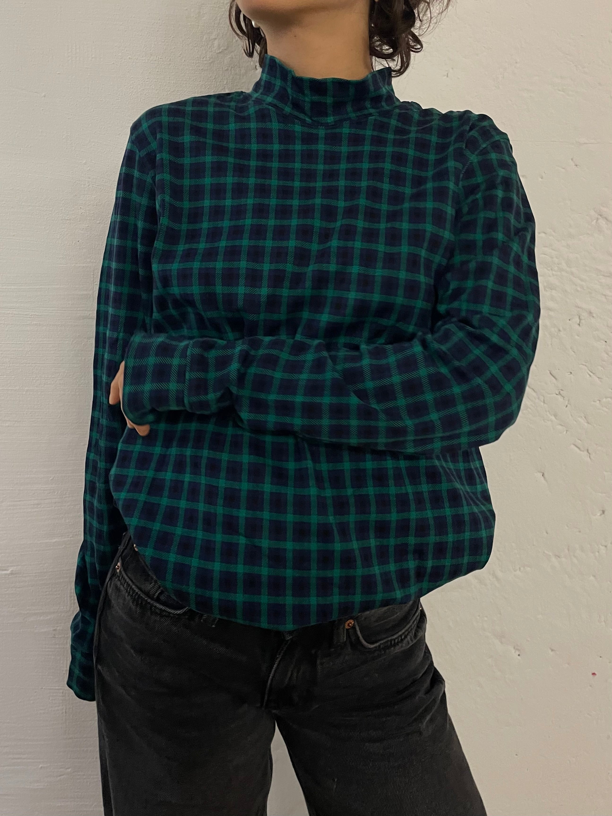 Vintage Lands’ End Checked Long Sleeve Shirt Turtleneck Collar Green & Black – M