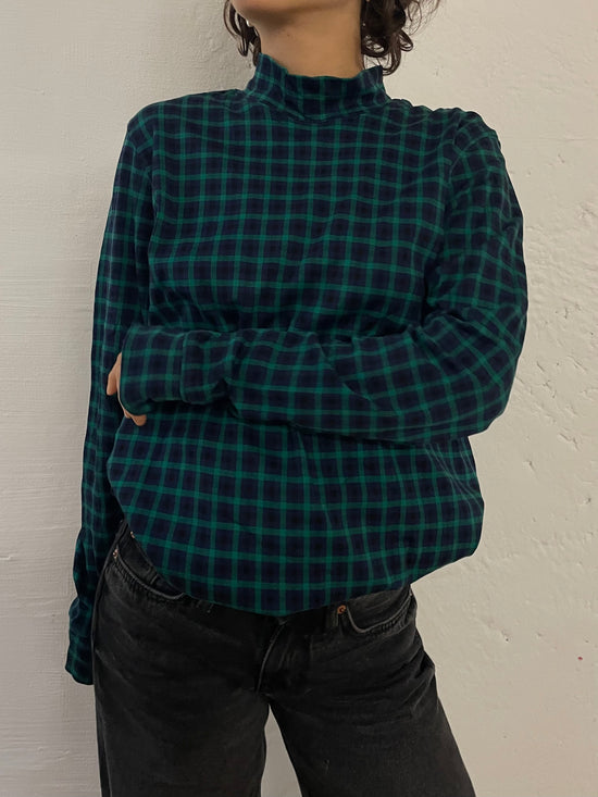 Vintage Lands’ End Checked Long Sleeve Shirt Turtleneck Collar Green & Black – M