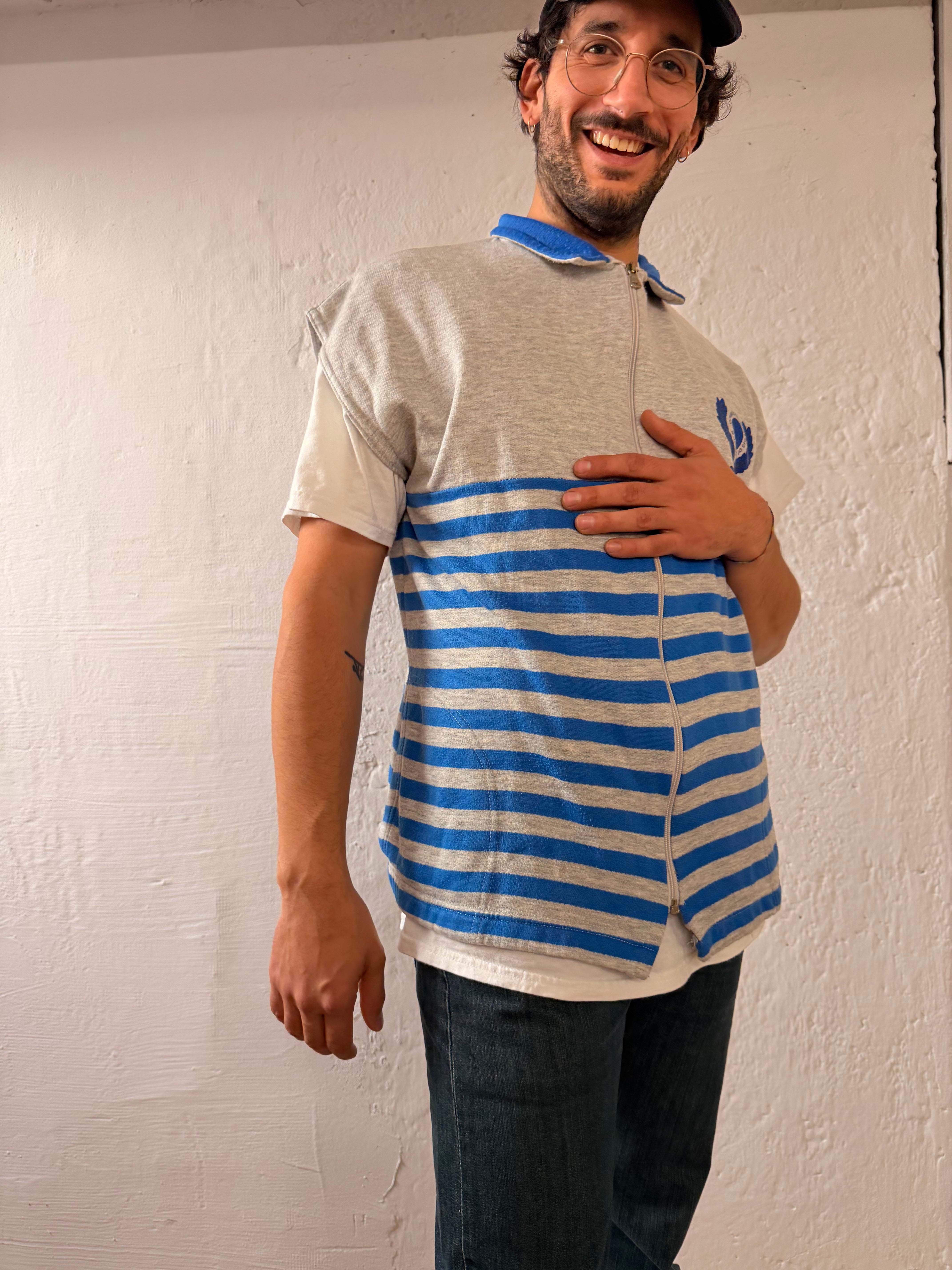Unisex Oversized Vest Grey Striped with Blue Details Cotton & Acrylic Blend – XL