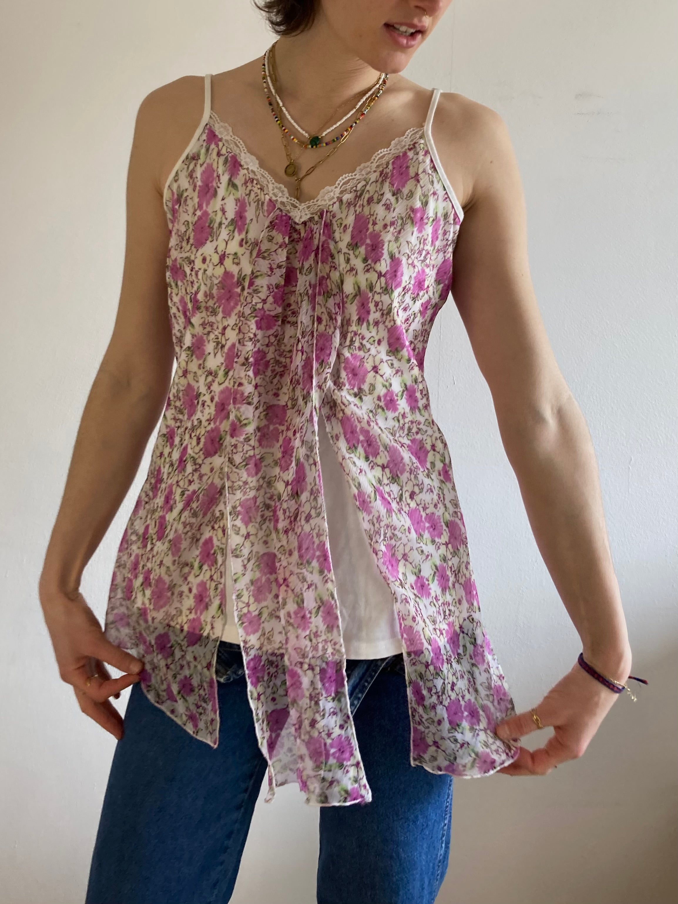 Top Y2K Long Lace Floral Pink White Shirt Women – M