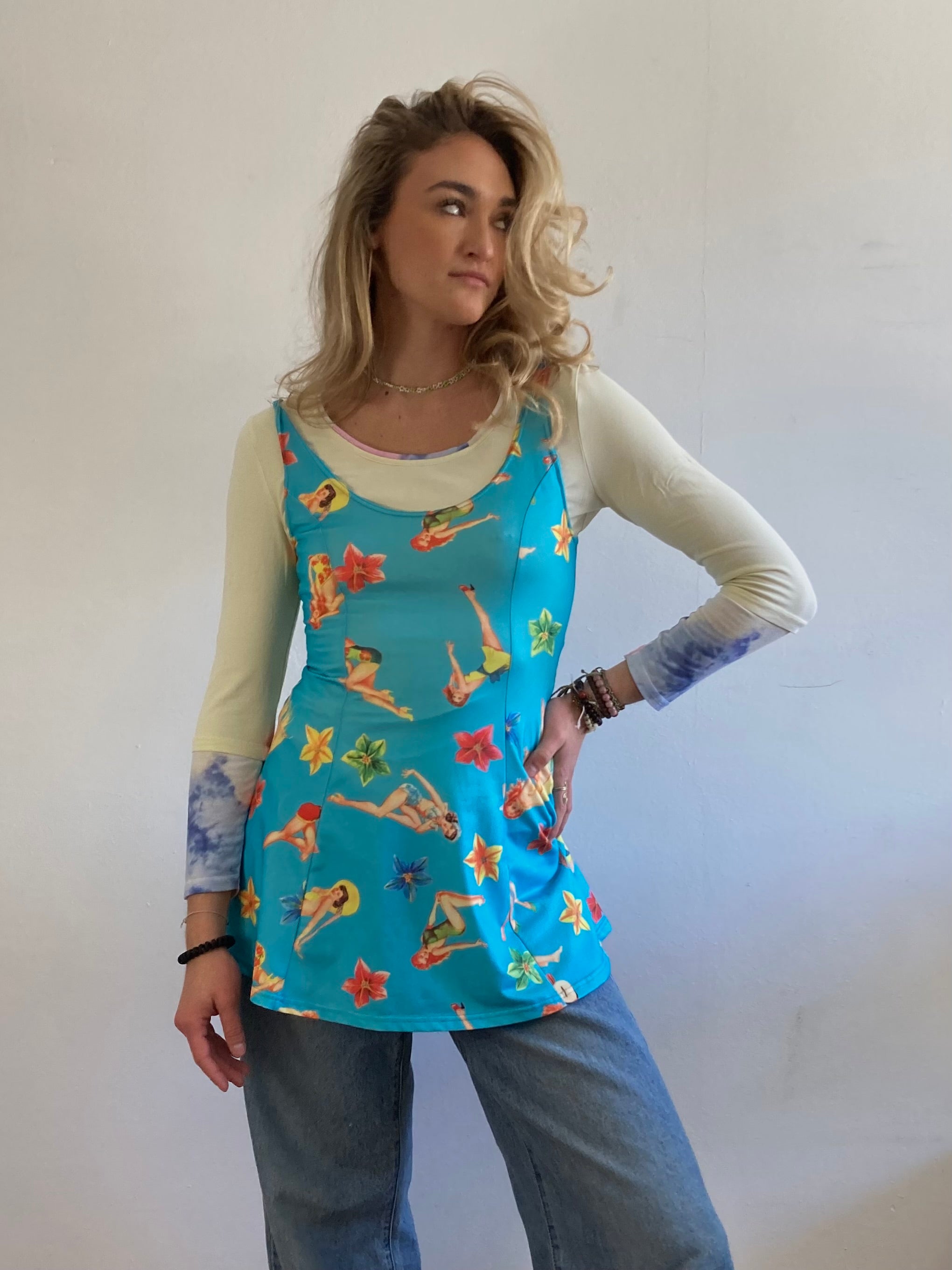 Dress Vintage Layering Blue 80s Print Skirt  – S/M