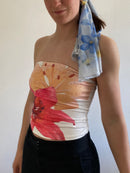 Top Vintage Floral Summer White Pink Elastic Slim Fit Women – S
