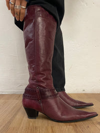 Vintage Juss Divine Leather Boots Pointed Toe Wine Red Knee-High – Size 40