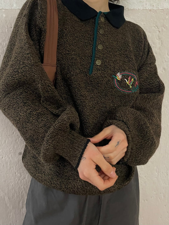 Vintage Wool Blend Oversized Polo Sweater Unisex Brown – M