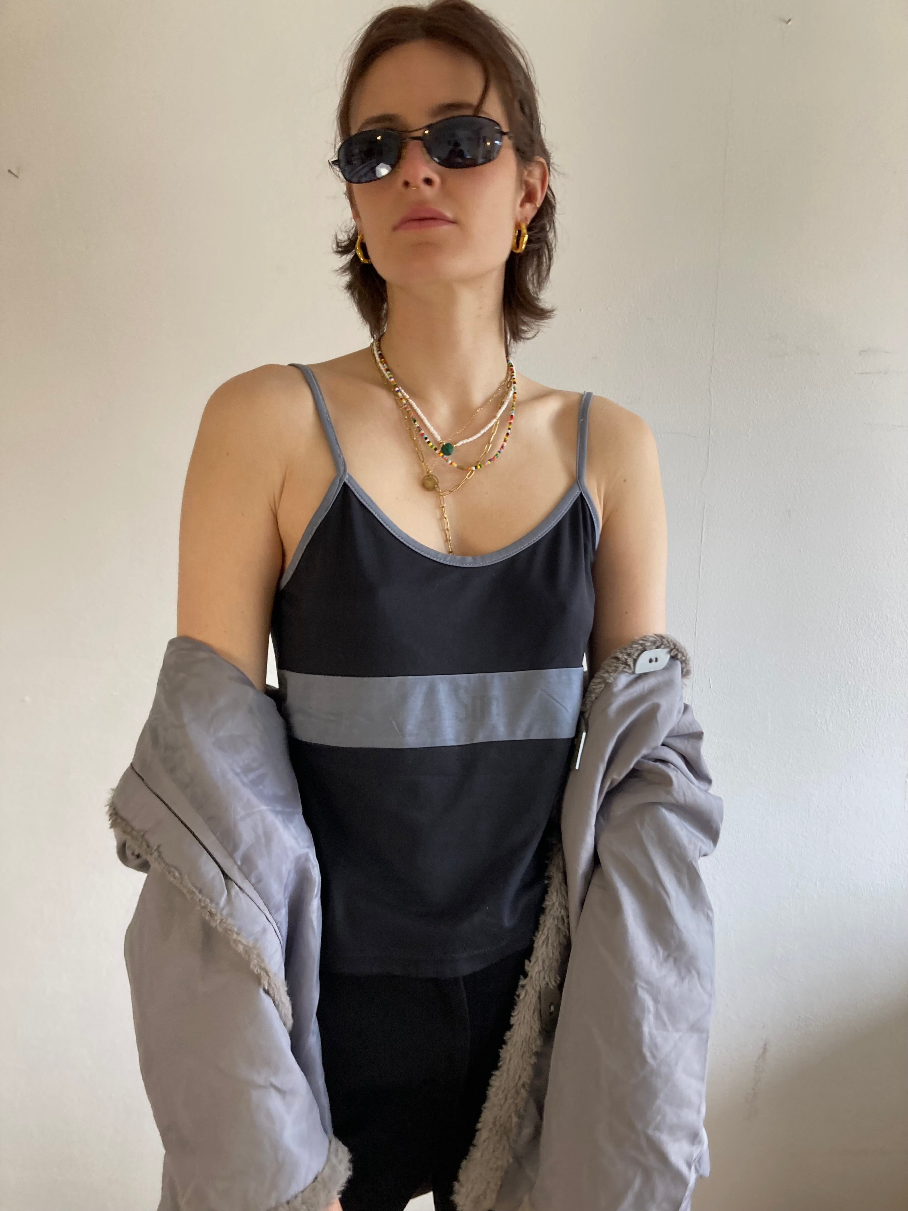 Spaghetti Top Vintage Black Grey Polyester Women – M