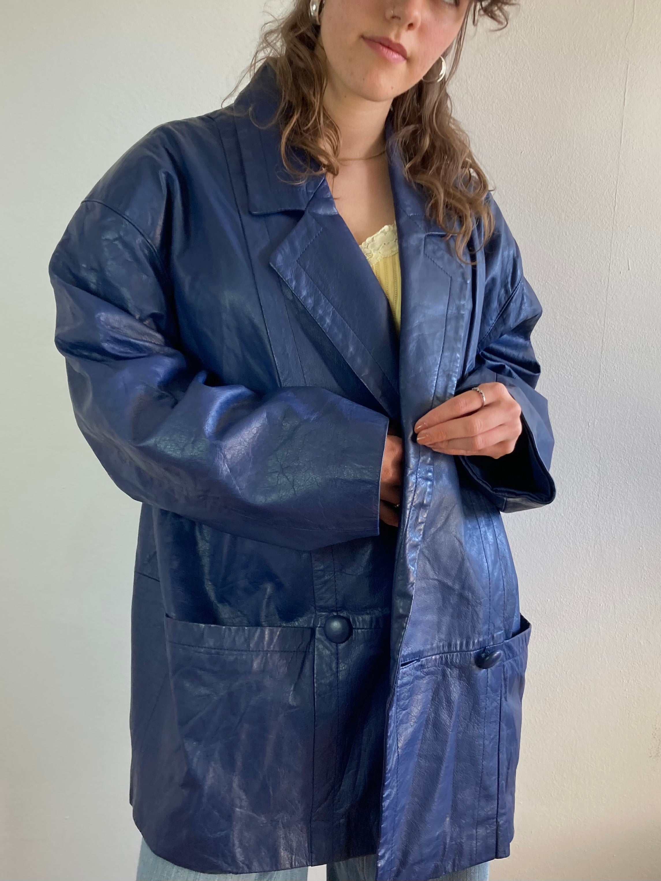 Leather Jacket Vintage Blue Genuine Leather Longsleeve Spring Oversized Unisex – M/L