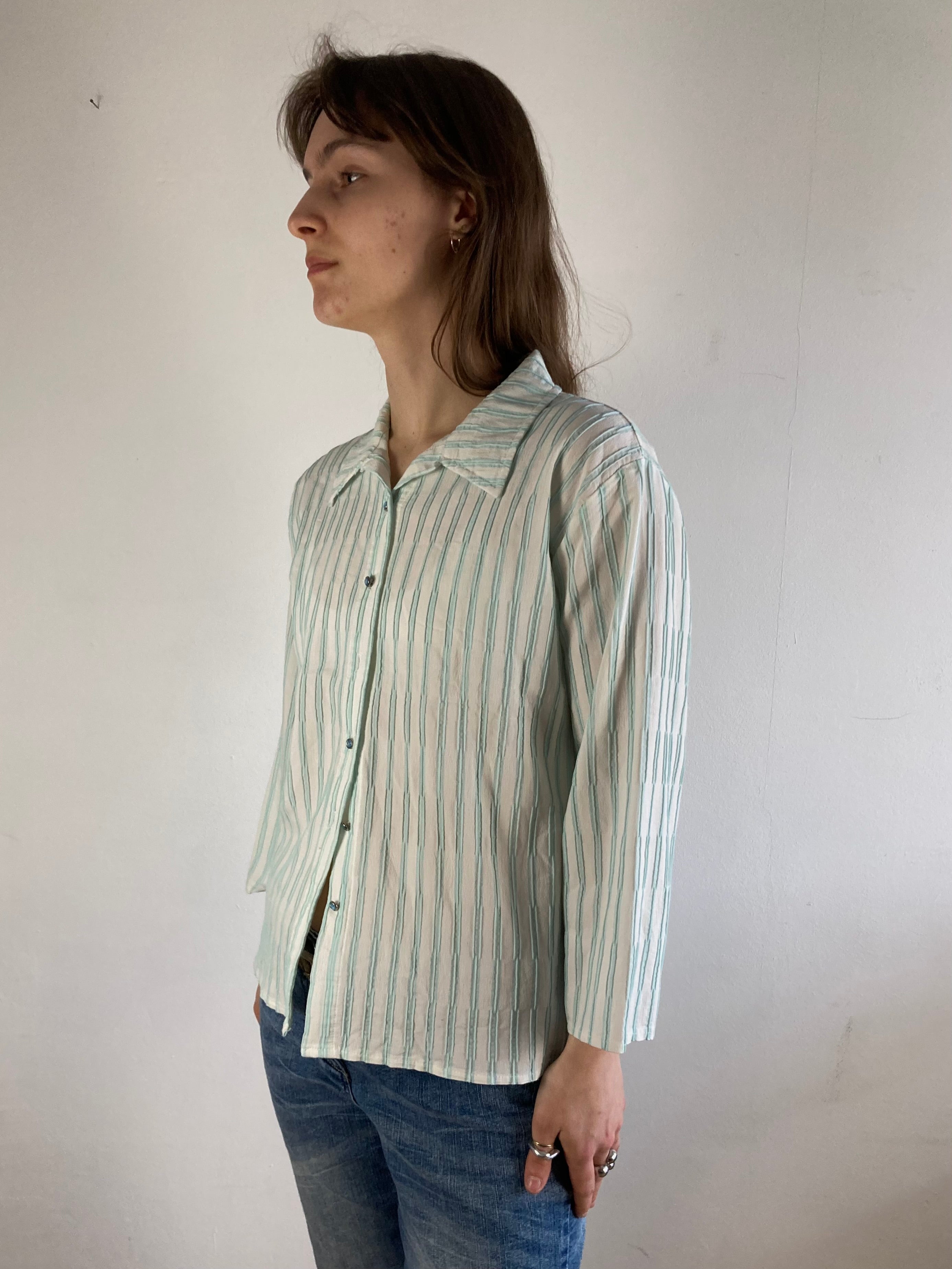 Blouse Vintage Georgina B Striped Blue White Longsleeve Y2K Layering – M