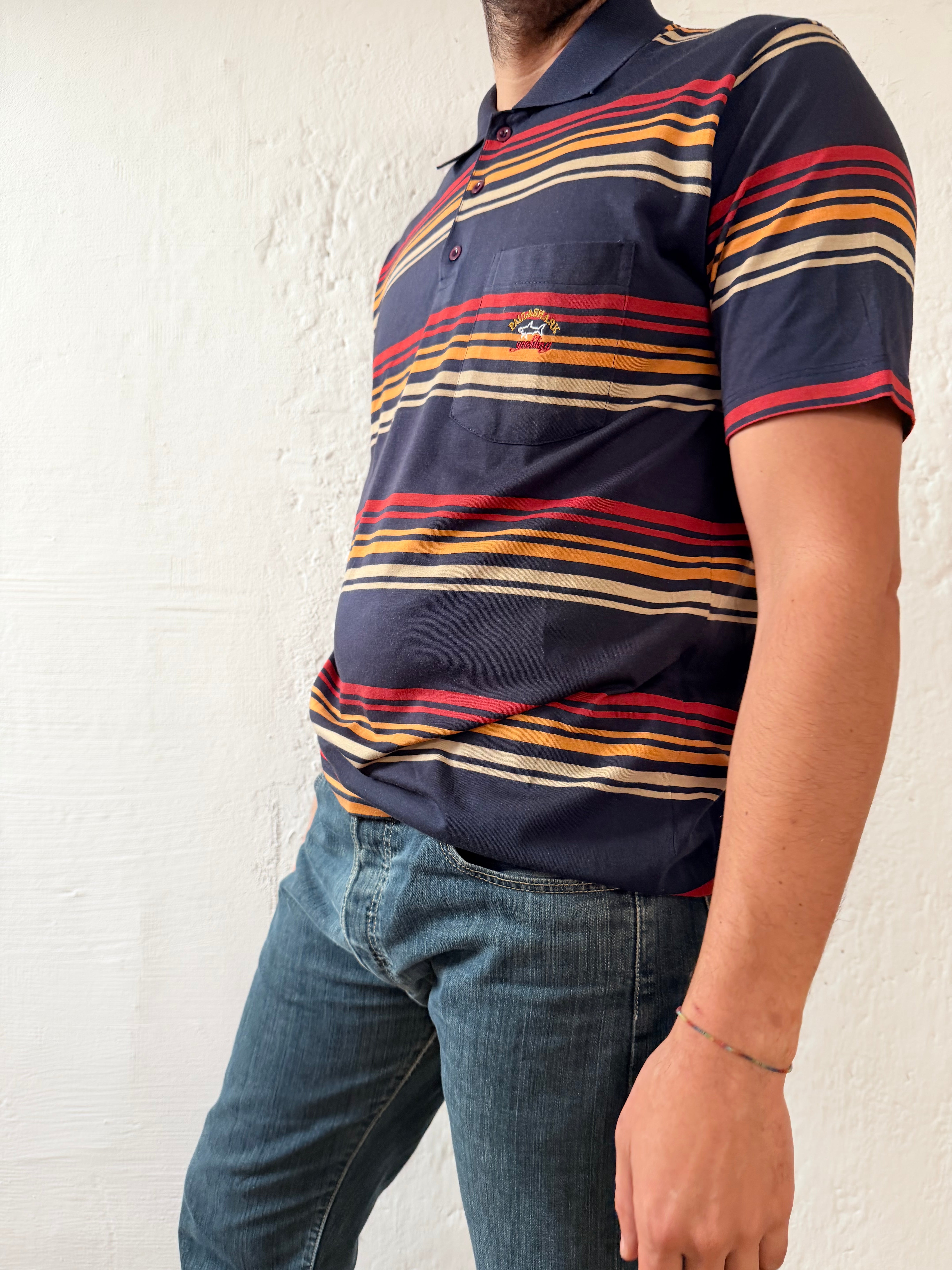 Polo Shirt Paul & Shark Yachting Black Striped with Orange & Yellow Details – L