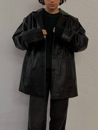 Vintage Leather Jacket Black White Stitching Details – M/L